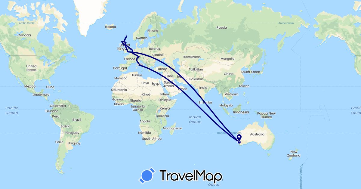 TravelMap itinerary: driving in Australia, Belgium, Germany, United Kingdom, Italy, Liechtenstein, Netherlands (Europe, Oceania)